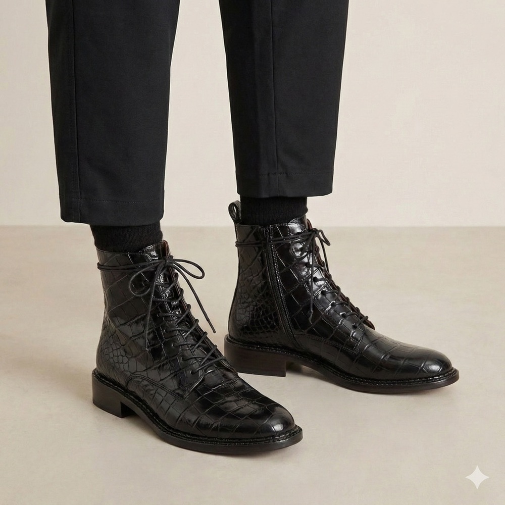 Vince Black Croc Embossed Leather Henderson Lace Up Combat Boots - Size 6